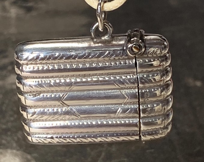 Edwardian vesta case pendant for chain or strap necklace. 1913 Birmingham hallmark Sterling Silver , 16 grams, free corded strap
