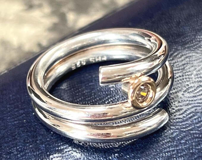 Frits Heiring Sørensen Danish Silver Ring | 14ct Gold CZ Bezel | Contemporary Scandinavian | UK R–S