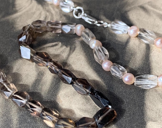 Faceted smoky quartz and pink pearl necklace with 960 silver argentium clasp hand strung