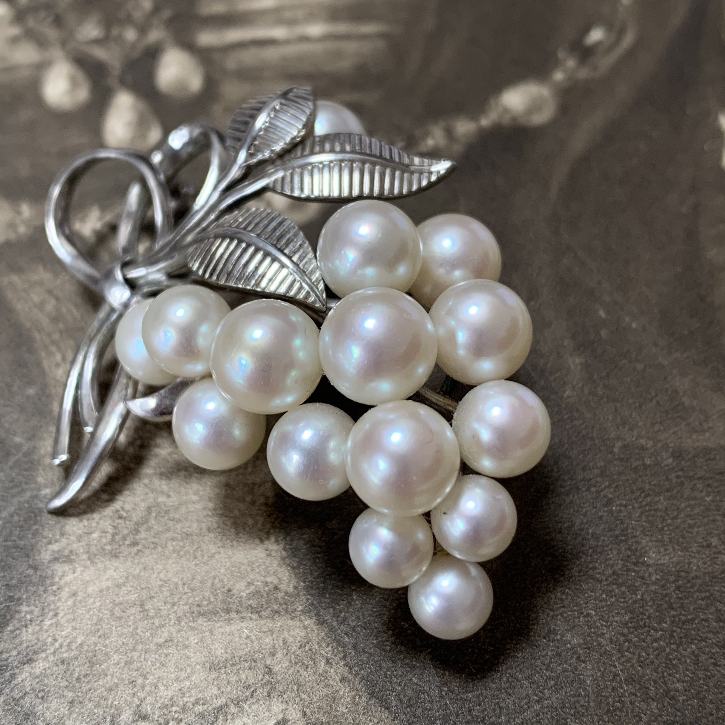 Vintage Mikimoto Pearl Brooch With Large Floral Spray Design Of 15 Beautiful Akoya Pearls Set in Silver The Original Box