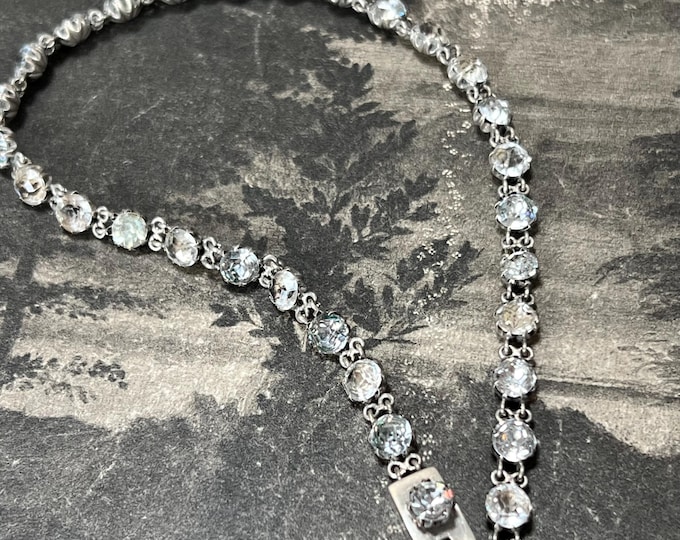 1982 Sterling Silver Riviera Necklace English Hallmark Victorian Sterling Silver Paste Choker length strand Silver set paste diamond stones
