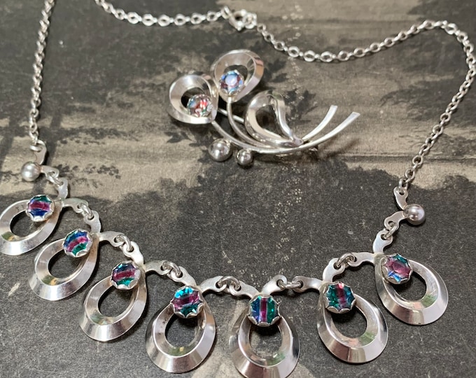 1950s Hermann Siersbol necklace and Silver brooch set with beautiful crystal stones. Danish designer silver fringe