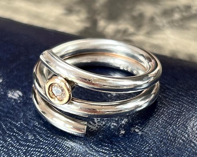 Mens Danish Silver Wedding Ring. Frits Heiring Sorensen sterling silver Ring. 14ct gold set cubic zirconia gemstone ring