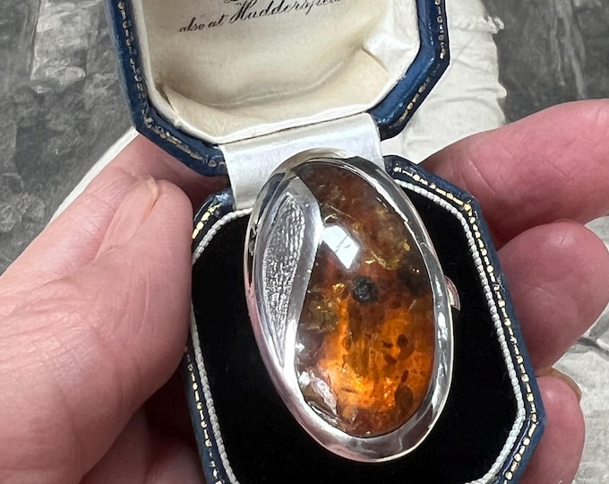 Vintage Baltic Amber Sterling Silver Statement Ring - 1970s Modernist Design