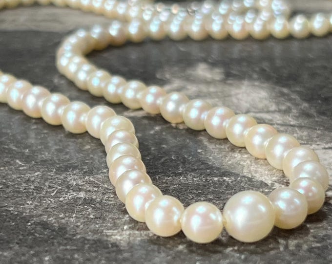 Antique Graduated Saltwater Pearl Necklace, Matinee Length, Silver Marcasite Clasp
