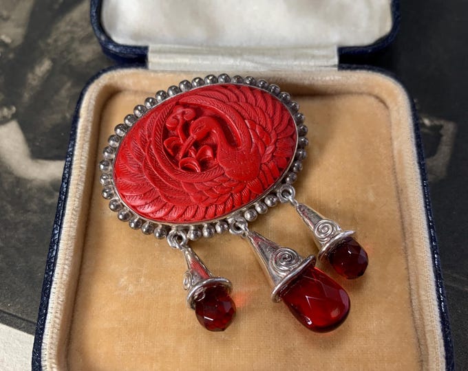 cinnabar phoenix Brooch pendant. Sajen vintage sterling silver cinnabar phoenix and flower