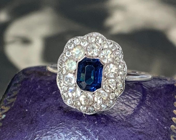 Edwardian Paste Sapphire & Diamond Ring Antique German sterling Silver pave set imitation stones ring size M.5. 3.4 grams