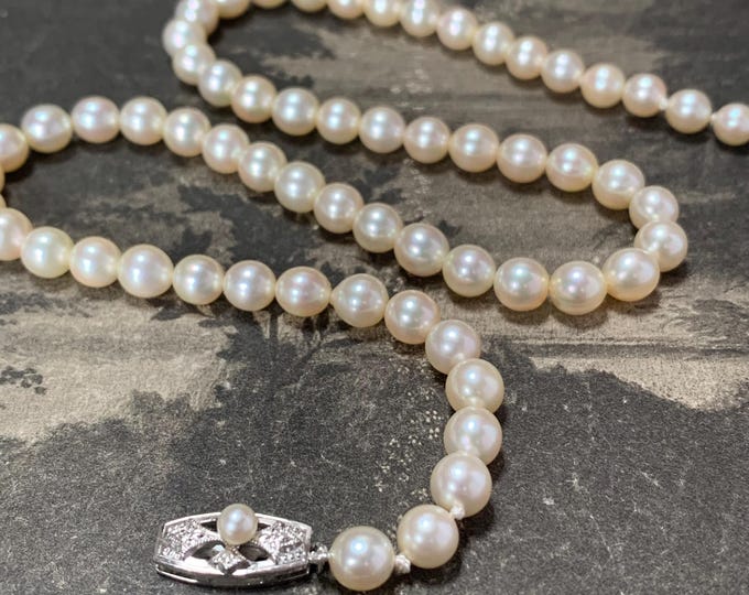 Vintage 1950s Mikimoto Akoya Pearl Necklace: 6mm, Sterling Silver Clasp, 17" Princess Length