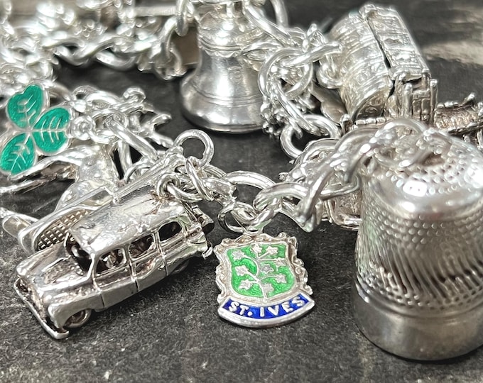 Vintage Silver Charm Bracelet | 20 Antique Silver Charms | Padlock Clasp & Safety Chain | 75.3g