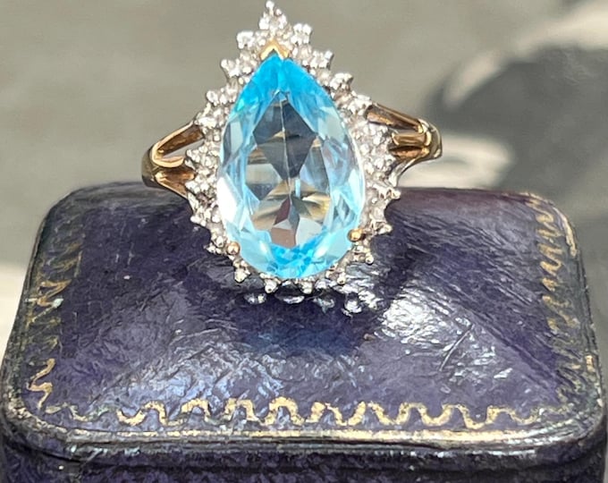 Blue Topaz & Diamond Ring – 4.0ct Pear Cut Gemstone – 9ct Gold – Birmingham 2005, Size M 1/2