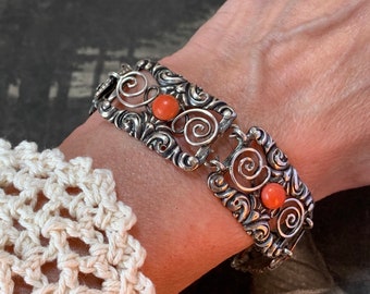 Edwardian Rococo Revival silver bracelet with Coral gemstones