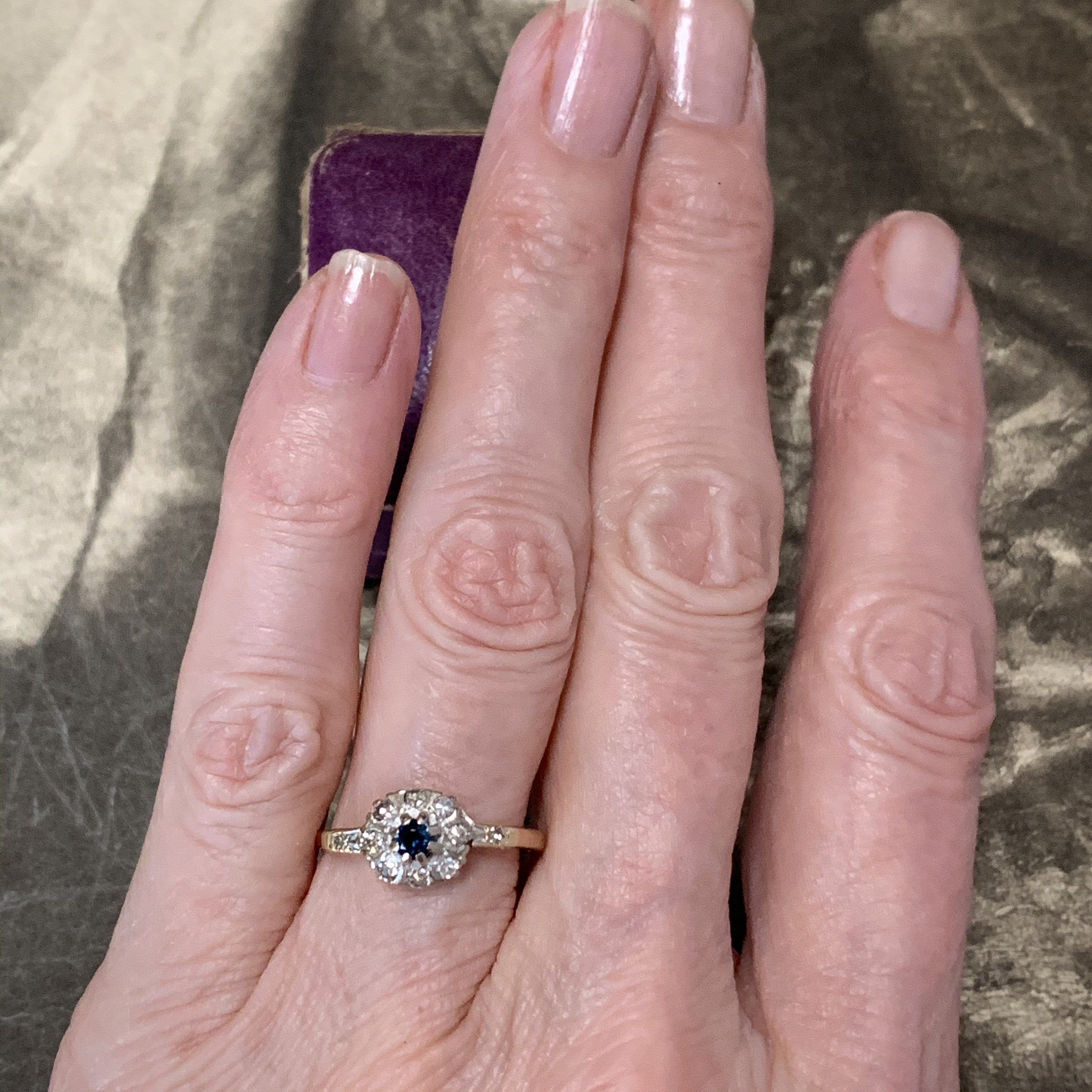 Vintage Diamond Engagement Ring set in 9ct Gold with Central Blue Sapphire Size UK L 1/2