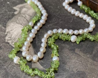 Green peridot gemstone & Pearl Necklace, 925 Silver Clasp, Matinee Length
