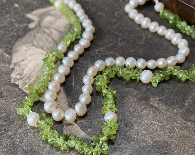 Green peridot gemstone & Pearl Necklace, 925 Silver Clasp, Matinee Length