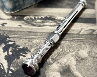 Antique Edwardian Silver Toothpick with Amethyst Finial, Foliate Engraved retractable Toothpick Circa early 1900's