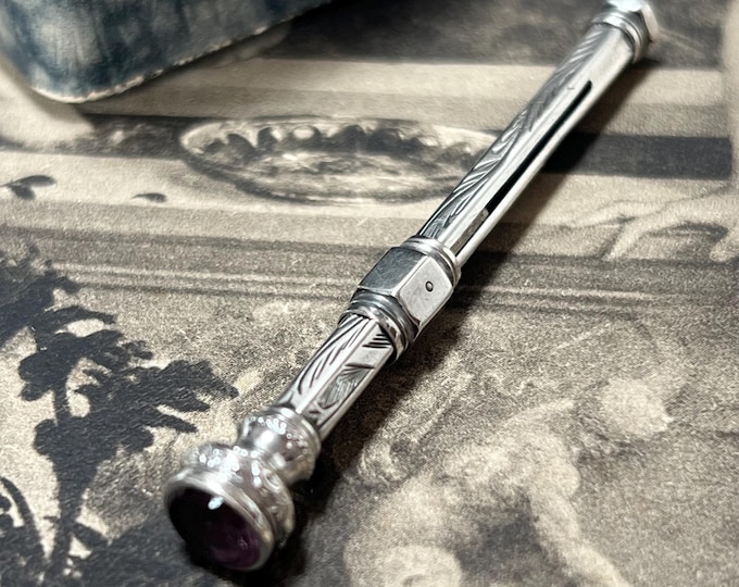 Antique Edwardian Silver Toothpick with Amethyst Finial, Foliate Engraved retractable Toothpick Circa early 1900's