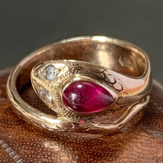 Antique Snake Ring Ruby gemstone set in 14ct yell… - image 1