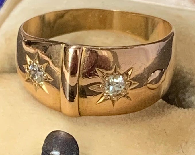 Victorian 22ct gold diamond ring. Star set 2 old cut diamonds Ring size J 1/2, size 4 5/8 US. 4.2 grams old buckle ring 8.5mm wide