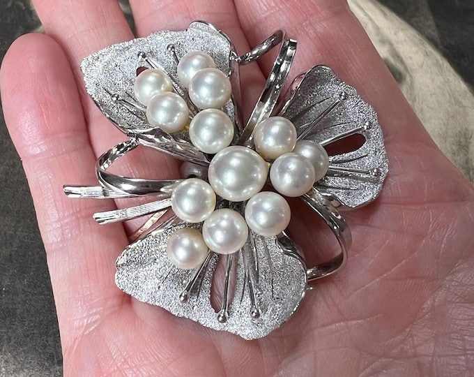 Vintage Silver Akoya Pearl Orchid Brooch: 1950s Japanese Floral Pin