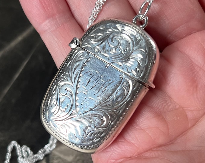 Victorian silver vesta pendant locket. 1898 Chester hallmark. Forget me not engraving. New Eco silver rope chain 18"/45 cm long. 11 grams