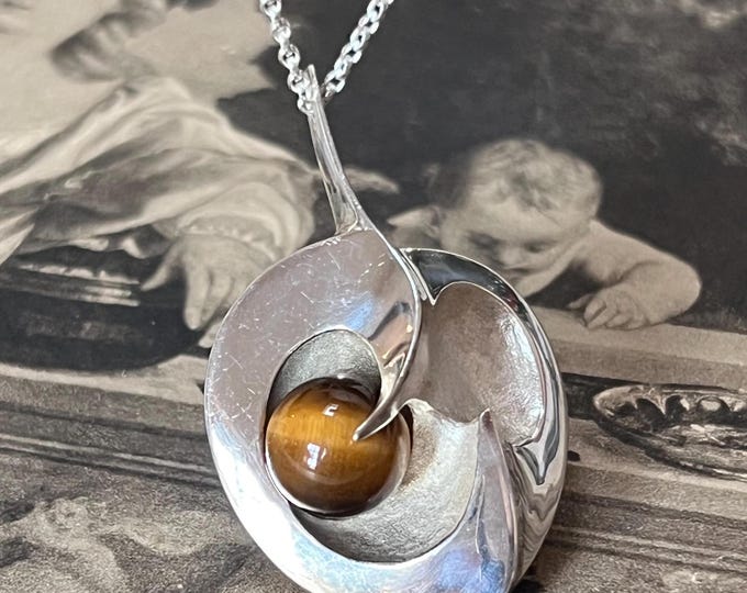Vintage Scandinavian Sterling Silver Heart Pendant • Tigers Eye Necklace