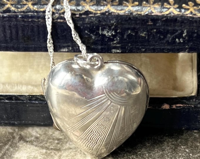 Antique 1930s Silver Puffy Heart Locket | Engraved Sunray Photo Pendant | Sterling Chain