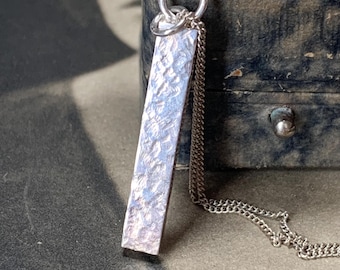 Hammered silver ingot pendant. Sterling silver curb chain. 46cm matinee length necklace. Recycled  925 silver