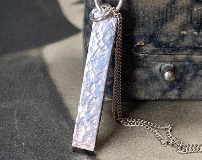 Hammered silver ingot pendant. Sterling silver curb chain. 46cm matinee length necklace. Recycled  925 silver