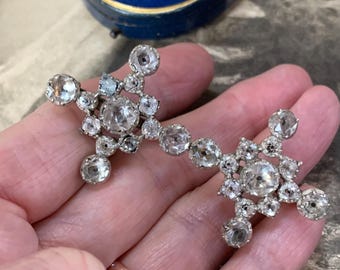 Large Georgian silver black dot paste brooch antique double cross Gothic design with closed back settings