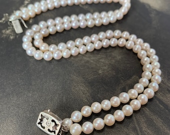 Vintage Mikimoto Akoya Pearl Necklace: Double Strand AAA, 925 Silver Clasp