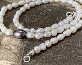 41cm Princess length 5mm-6mm pearls White Biwa pearl necklace with Grey baroque pearl  Silver 925 clasp
