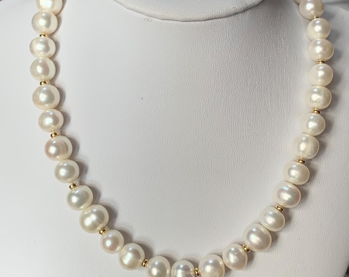 New 10mm baroque pearl necklace. 18ct gold clasp 46cm princess length with small gold beads Bright and glossy lustre 17inches long