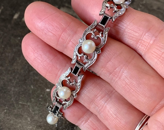 Vintage Mikimoto Pearl & Onyx Silver Bracelet: Rococo Design
