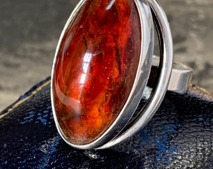 Niels Erik From Sterling Silver Amber Ring, 1960s Danish Design, Size 6
