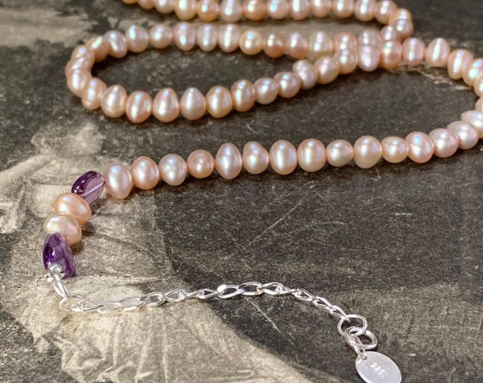 Biwa peach pearl and amethyst necklace | silver 925 extension chain | Princess to matinee length 47cm - 58cm