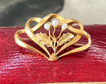Antique 18ct Gold Brooch, Natural Pearl Accent - Art deco Antique Pin with Box