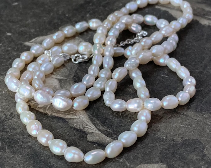 New 6mm Pearl Necklace  with silver adjustable extension chain 36 inches long. Freshwater pearls Opera length. Recycled sterling silver