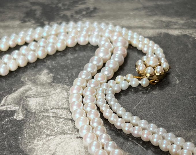 Double strand Vintage Saltwater Cultured Pearl Necklace, AA+ Graduated White Pearls