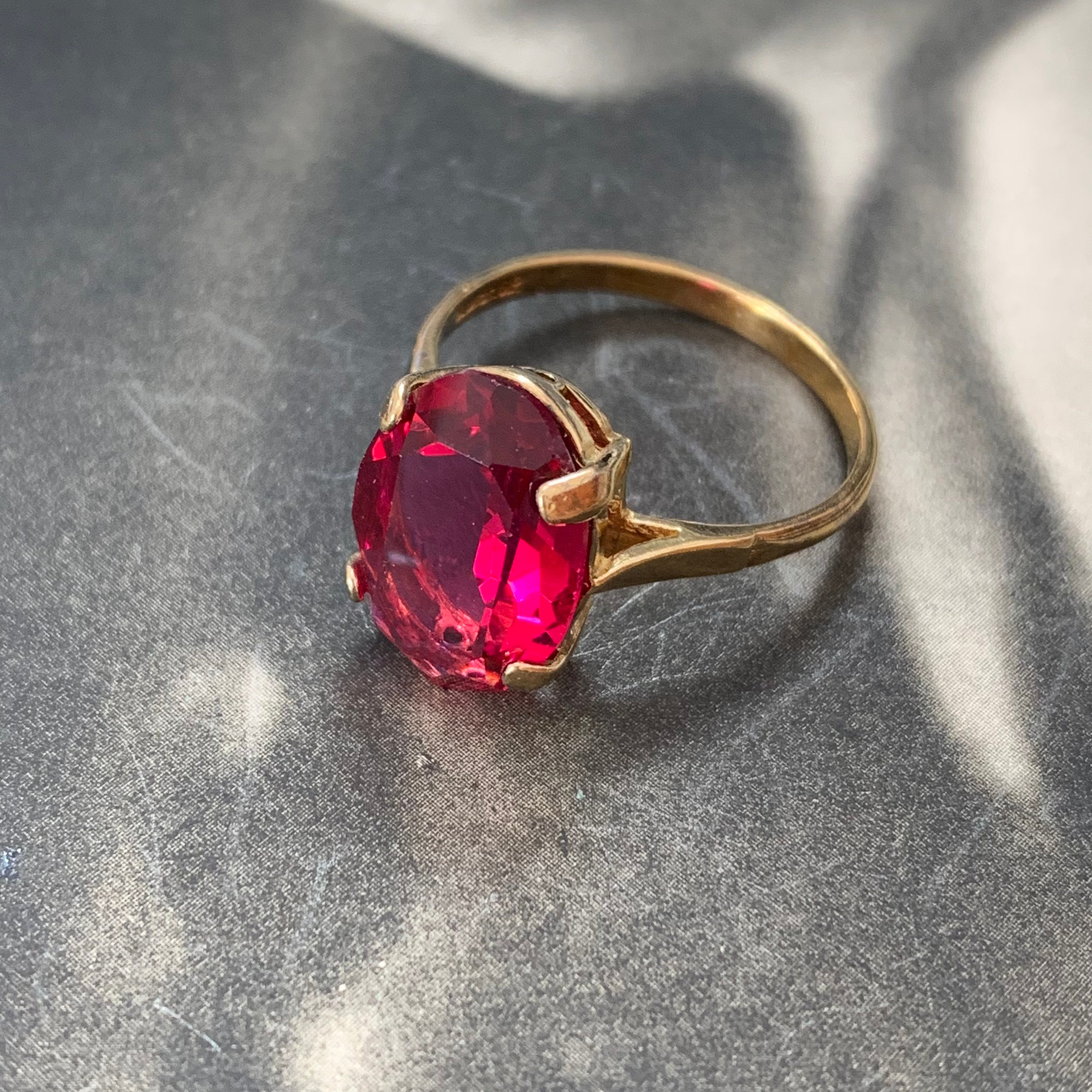 Ruby Red Ring 9Ct Gold Plated Silver Paste Stone Vintage Solitaire Size P