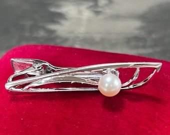 Vintage Mikimoto Akoya Pearl Sterling Silver Tie Clip