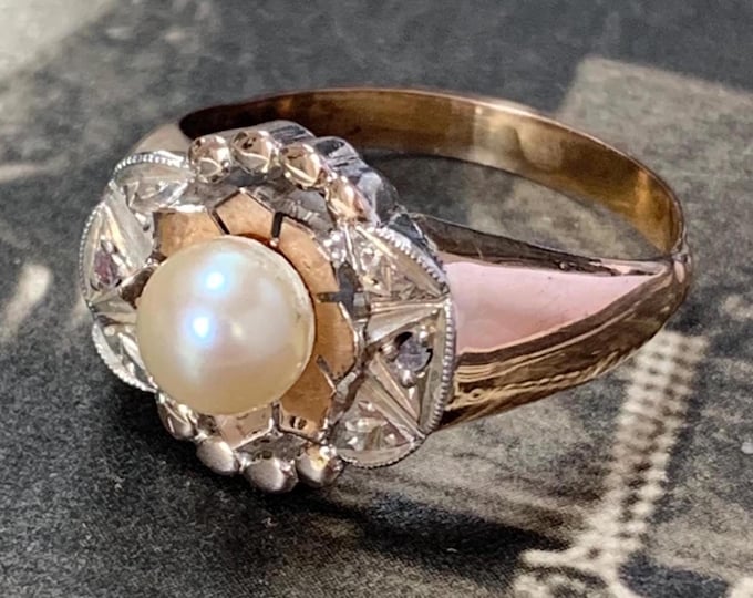 Antique French Revolution Diamond Pearl 18K Gold Ring - Size 6.5