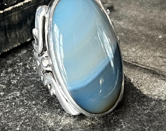 Vintage David Scott Walker Blue Agate Ring 1998 Sterling Silver Sheffield Hallmark Size O.5  UK