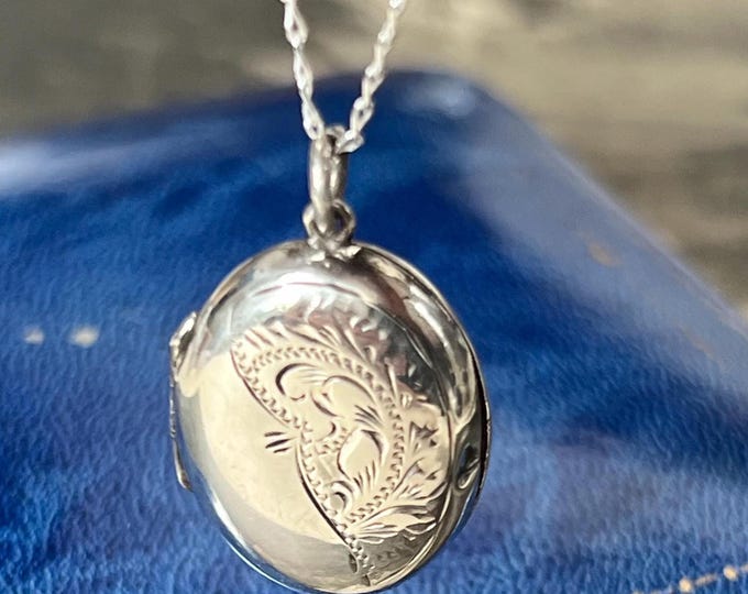 Antique Oval Locket Necklace | Engraved Floral Scroll Pendant | Recycled Sterling Silver Chain