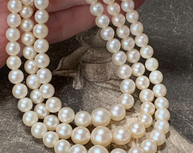 Art Deco Pearl Necklace 1930s Three Strand Cultured Pearls, 9ct White Gold Diamond Clasp.