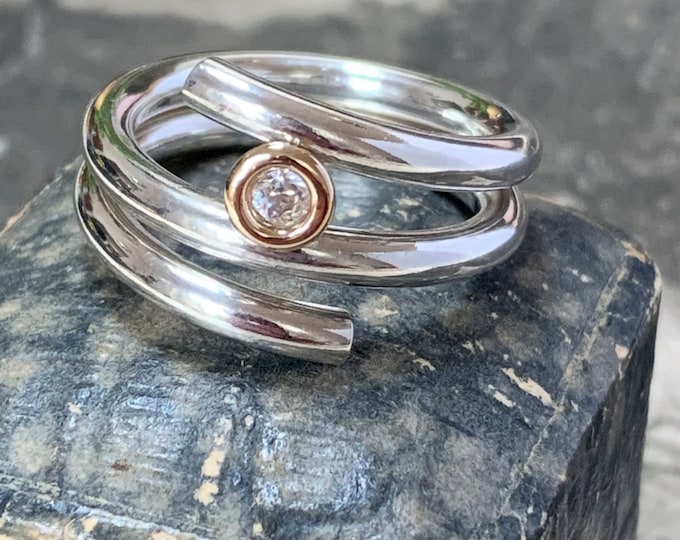 Danish Frits Heiring Sorensen sterling silver ring with bright  zirconia bezel set in gold. Ring size R .5 (UK)