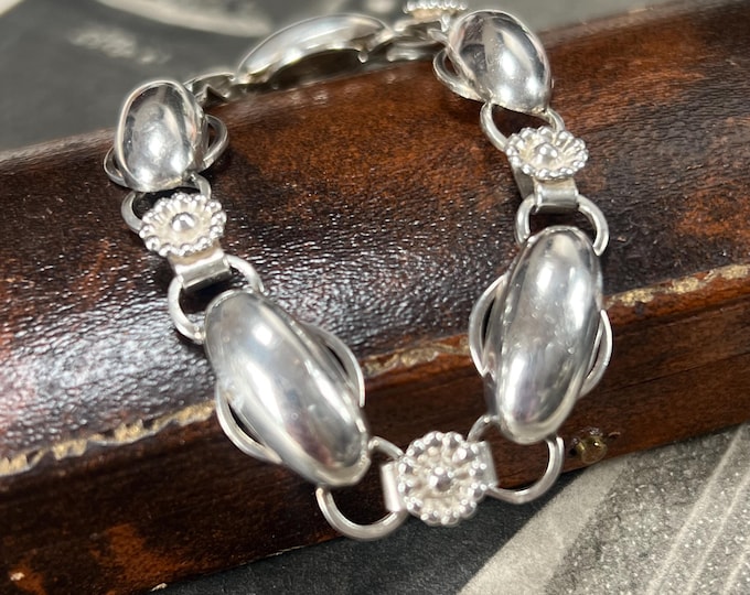 Hermann Siersbøl Danish Silver Bracelet – Vintage Floral Link Bracelet, Scandinavian Modernist Jewellery