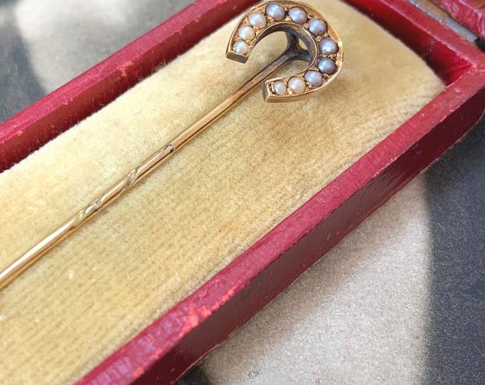 Antique Gold Horseshoe Stick Pin, Seed Pearls, Lucky Horseshoe Brooch, Original Red Box