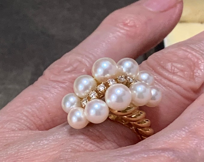 Mikimoto 18ct Gold Akoya Pearl Diamond Cocktail Ring, Size 7 (US)