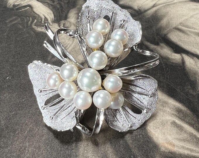 1950s Silver Akoya Pearl Orchid Brooch. 13 gem quality pearls 6mm-8mm. Large Vintage Dress Pin 24.9 grams