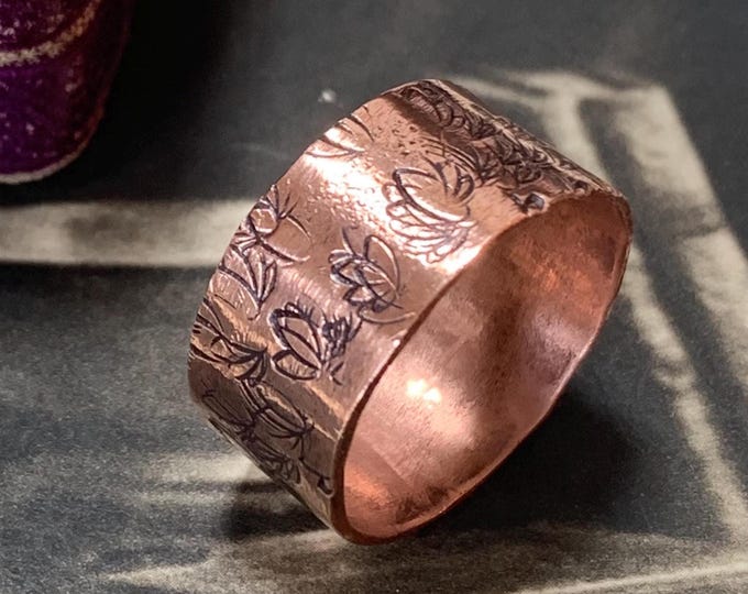 Black Lotus Pure Copper Ring 10.5 mm wide Artisan Made in England - Holistic Arthritis Relief size U.5, size 10.5 US Rustic copper band